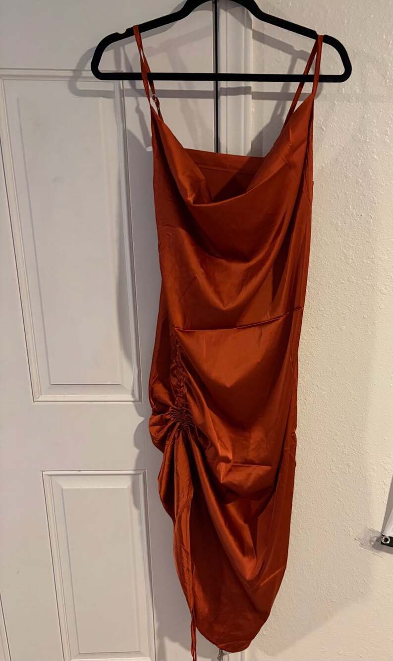 Lyaner Women's Orange Satin Cowl Neck Spaghetti Strap  Ruched Midi Dress Size XL